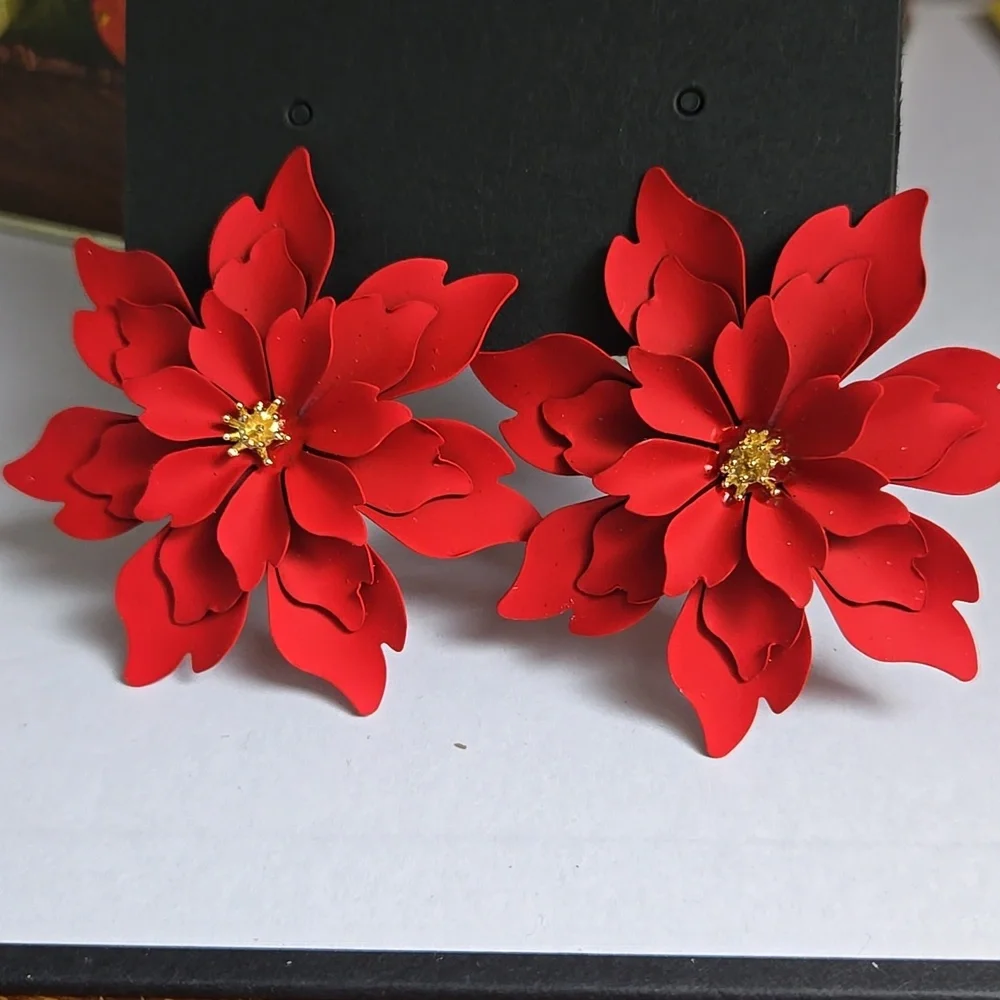 Red Floral Earrings Metal Flower Earrings